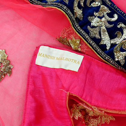 Indian Pre-owned Heavy Wedding Pink Net/Mesh Hand Embroidered Dupatta Designer By Manish Malhotra Zardozi Bridal Veil