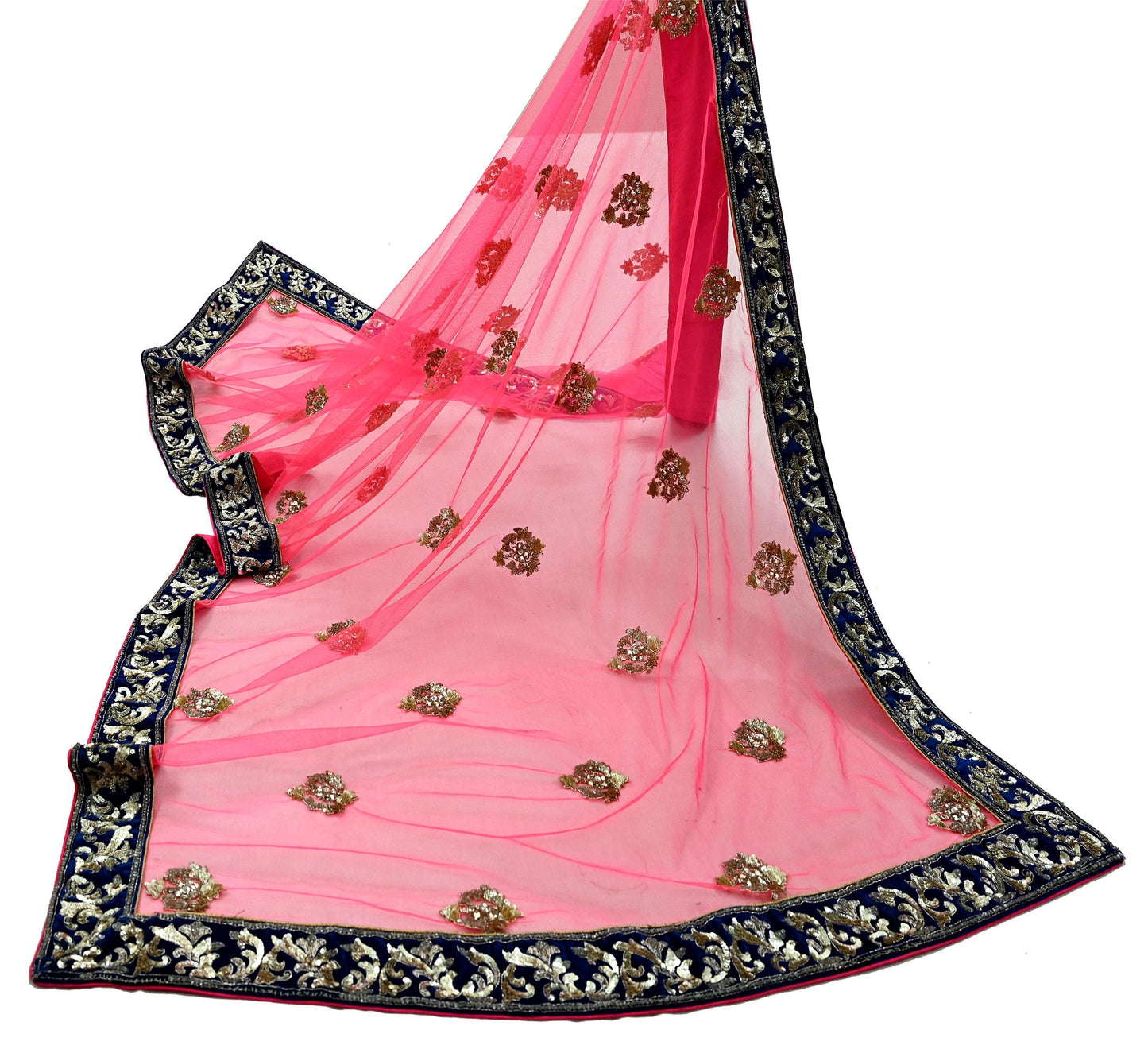 Indian Pre-owned Heavy Wedding Pink Net/Mesh Hand Embroidered Dupatta Designer By Manish Malhotra Zardozi Bridal Veil