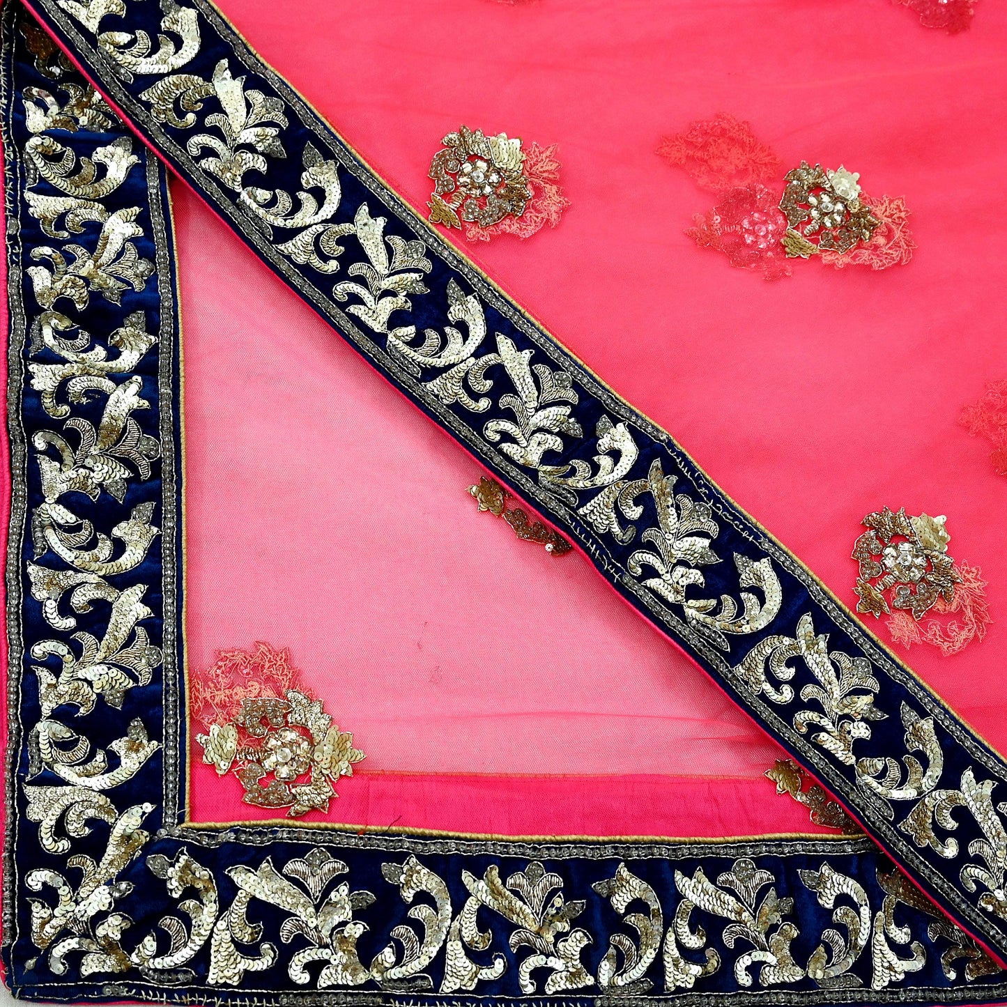Indian Pre-owned Heavy Wedding Pink Net/Mesh Hand Embroidered Dupatta Designer By Manish Malhotra Zardozi Bridal Veil