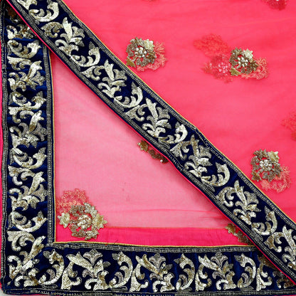 Indian Pre-owned Heavy Wedding Pink Net/Mesh Hand Embroidered Dupatta Designer By Manish Malhotra Zardozi Bridal Veil