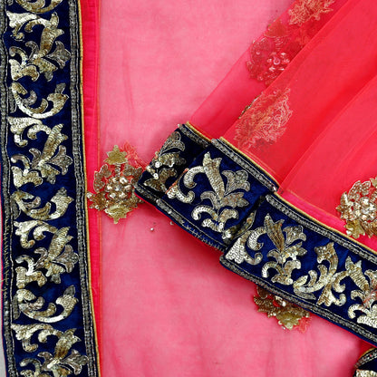 Indian Pre-owned Heavy Wedding Pink Net/Mesh Hand Embroidered Dupatta Designer By Manish Malhotra Zardozi Bridal Veil