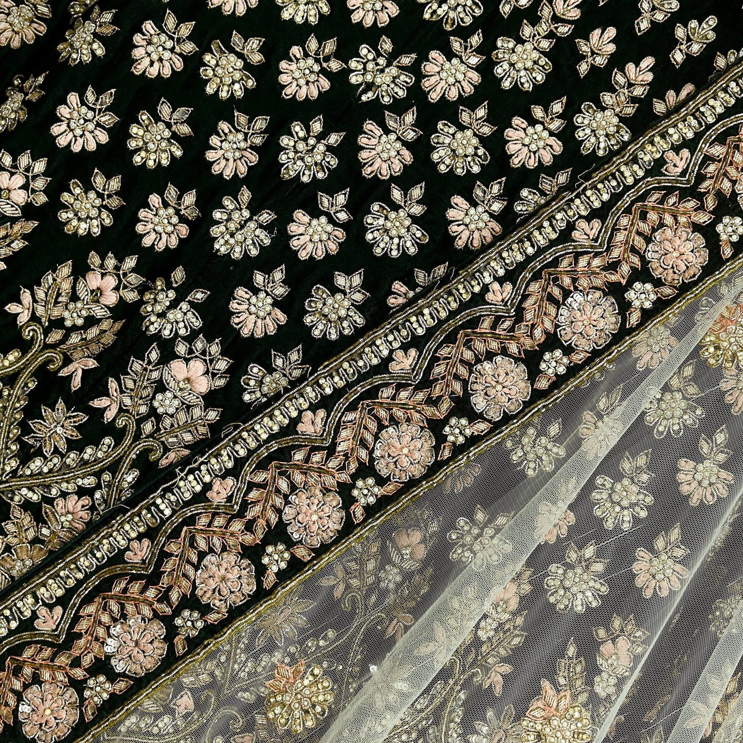 Indian Pre-owned Heavy Wedding Green Net/Mesh/ Velvet Hand Embroidered Lehenga/Dupatta Designer By Manish Malhotra Zardozi Bridal Wear
