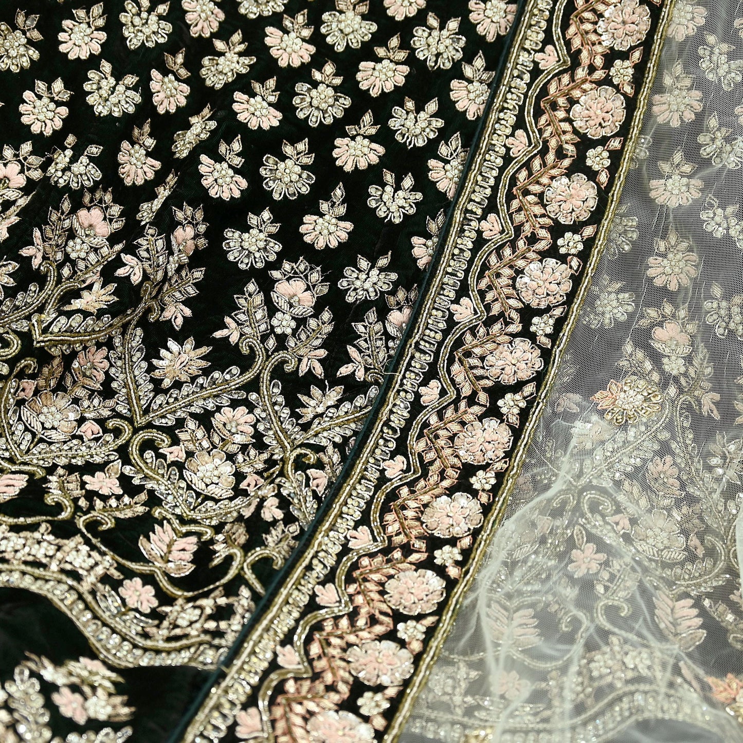 Indian Pre-owned Heavy Wedding Green Net/Mesh/ Velvet Hand Embroidered Lehenga/Dupatta Designer By Manish Malhotra Zardozi Bridal Wear