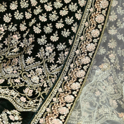 Indian Pre-owned Heavy Wedding Green Net/Mesh/ Velvet Hand Embroidered Lehenga/Dupatta Designer By Manish Malhotra Zardozi Bridal Wear