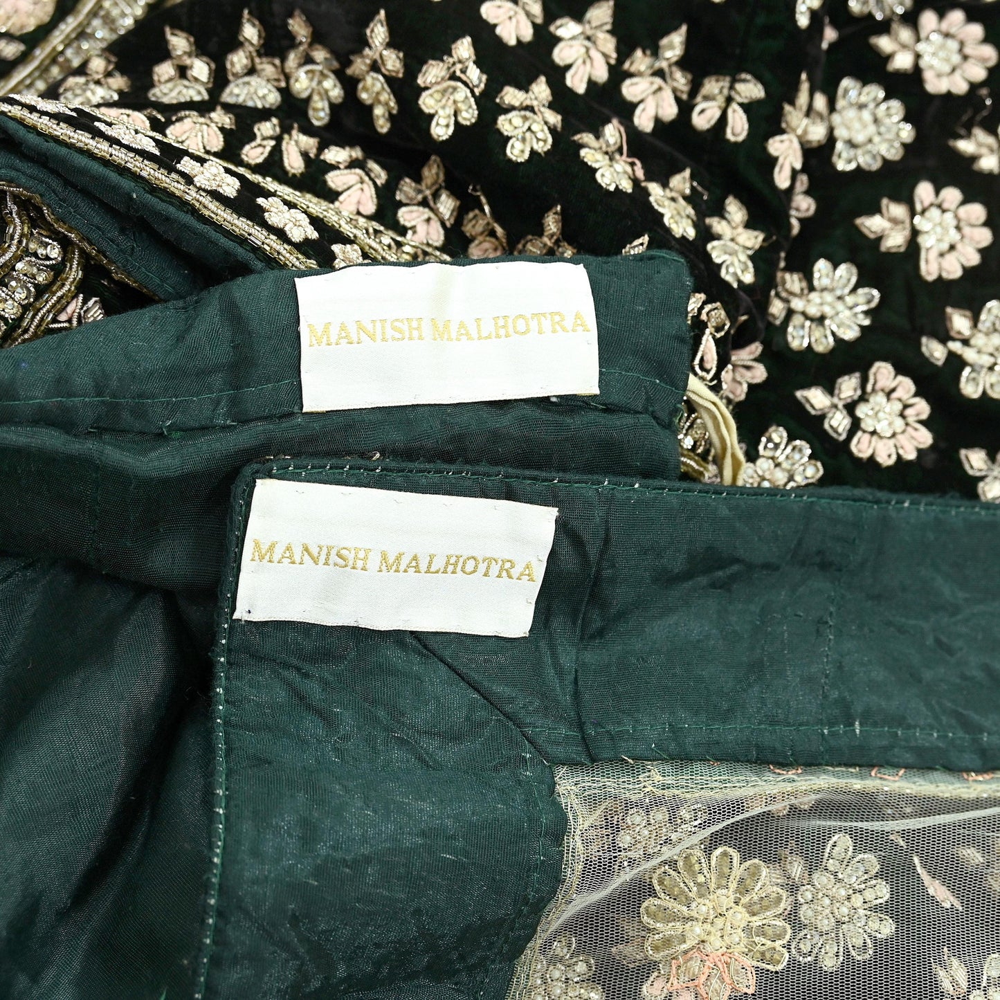 Indian Pre-owned Heavy Wedding Green Net/Mesh/ Velvet Hand Embroidered Lehenga/Dupatta Designer By Manish Malhotra Zardozi Bridal Wear