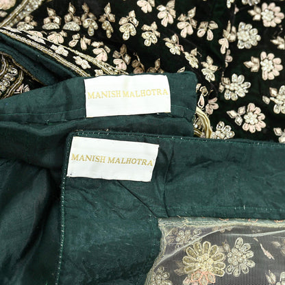 Indian Pre-owned Heavy Wedding Green Net/Mesh/ Velvet Hand Embroidered Lehenga/Dupatta Designer By Manish Malhotra Zardozi Bridal Wear