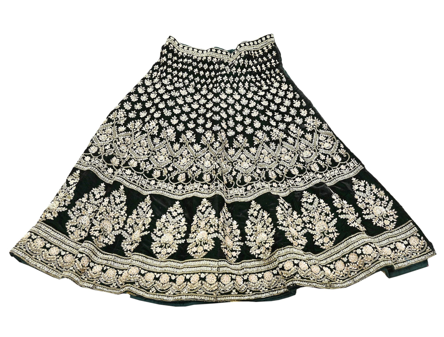 Indian Pre-owned Heavy Wedding Green Net/Mesh/ Velvet Hand Embroidered Lehenga/Dupatta Designer By Manish Malhotra Zardozi Bridal Wear
