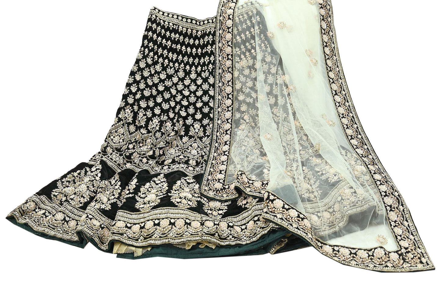 Indian Pre-owned Heavy Wedding Green Net/Mesh/ Velvet Hand Embroidered Lehenga/Dupatta Designer By Manish Malhotra Zardozi Bridal Wear