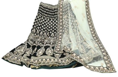 Indian Pre-owned Heavy Wedding Green Net/Mesh/ Velvet Hand Embroidered Lehenga/Dupatta Designer By Manish Malhotra Zardozi Bridal Wear