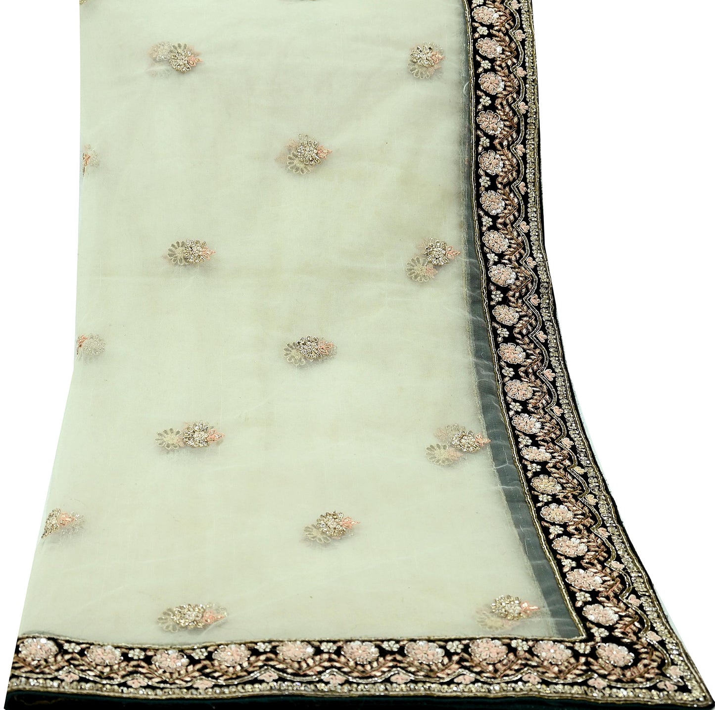 Indian Pre-owned Heavy Wedding Olive Green Net/Mesh Hand Embroidered Dupatta Designer By Manish Malhotra Zardozi Bridal Veil