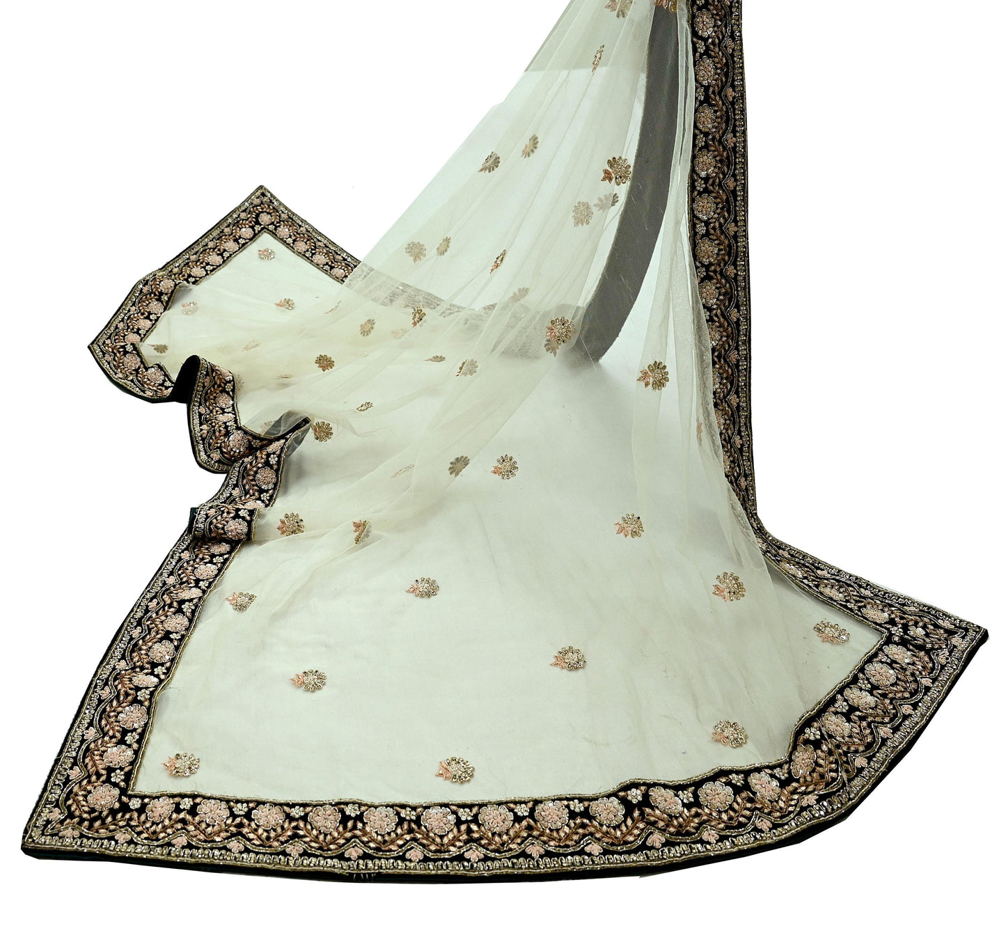 Indian Pre-owned Heavy Wedding Olive Green Net/Mesh Hand Embroidered Dupatta Designer By Manish Malhotra Zardozi Bridal Veil