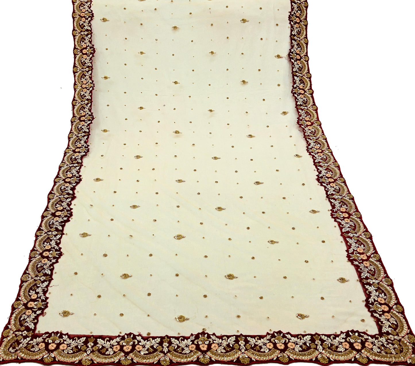 Indian Pre-owned Heavy Wedding Maroon & Peach Net/Mesh/ Velvet Hand Embroidered Lehenga/Dupatta Designer By Anamika Khanna Bridal Wear