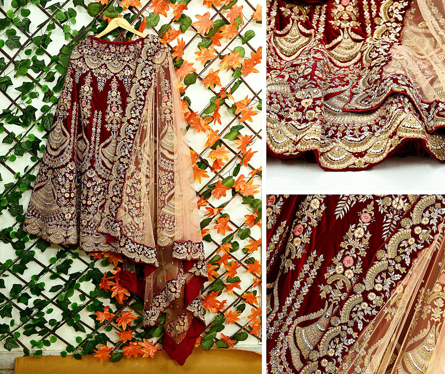 Indian Pre-owned Heavy Wedding Maroon & Peach Net/Mesh/ Velvet Hand Embroidered Lehenga/Dupatta Designer By Anamika Khanna Bridal Wear