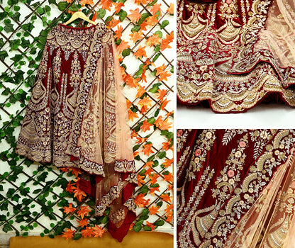 Indian Pre-owned Heavy Wedding Maroon & Peach Net/Mesh/ Velvet Hand Embroidered Lehenga/Dupatta Designer By Anamika Khanna Bridal Wear