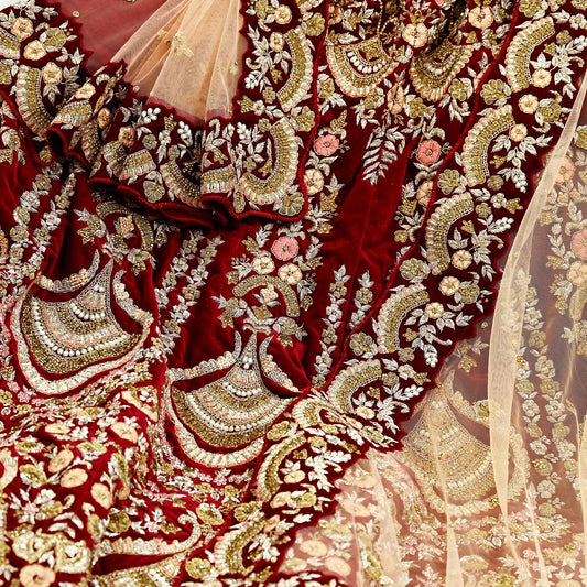 Indian Pre-owned Heavy Wedding Maroon & Peach Net/Mesh/ Velvet Hand Embroidered Lehenga/Dupatta Designer By Anamika Khanna Bridal Wear