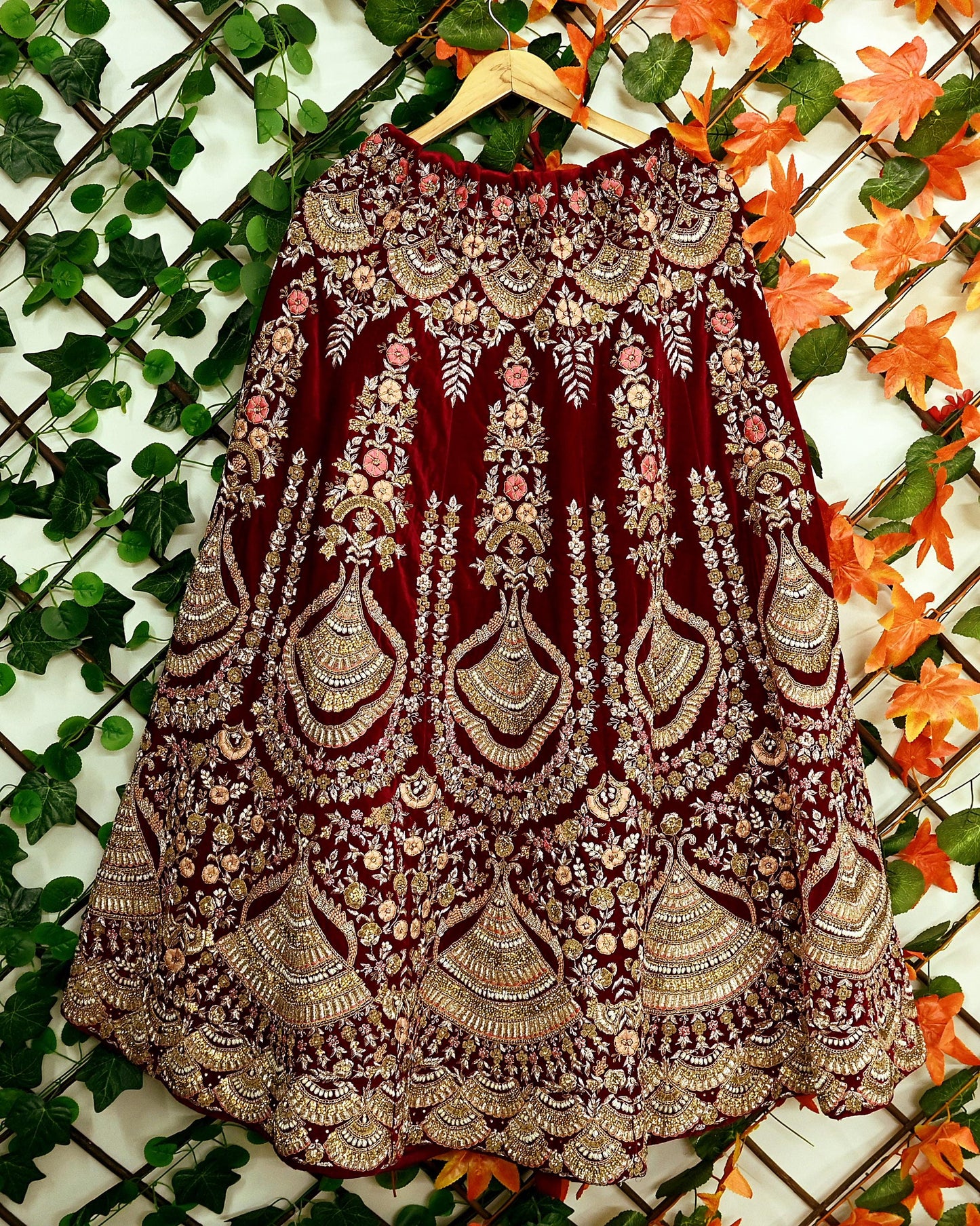 Indian Pre-owned Heavy Wedding Maroon Velvet Hand Embroidered Lehenga/Skirt Designer By Anamika Khanna Bridal Wear
