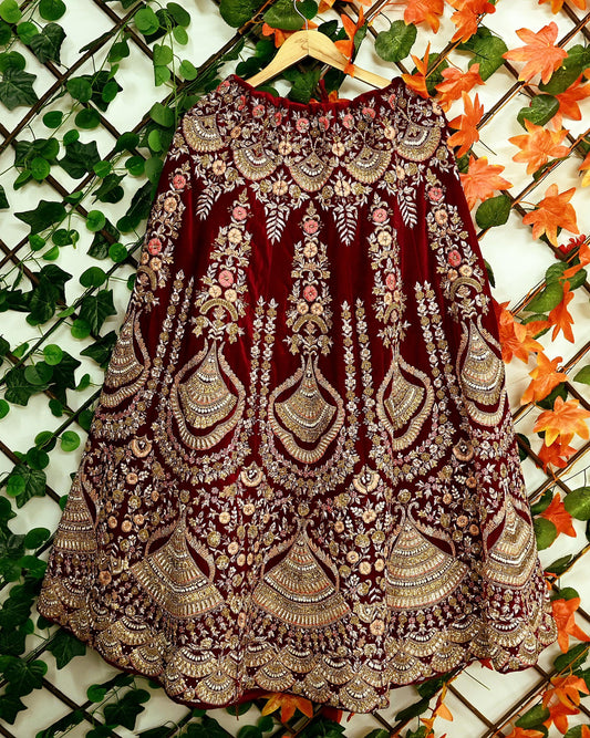 Indian Pre-owned Heavy Wedding Maroon Velvet Hand Embroidered Lehenga/Skirt Designer By Anamika Khanna Bridal Wear