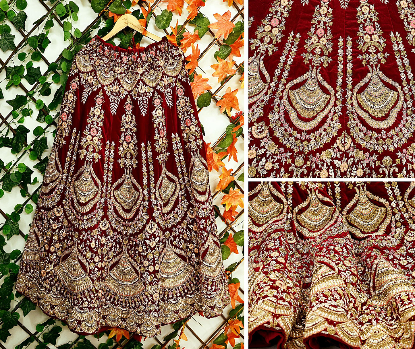Indian Pre-owned Heavy Wedding Maroon Velvet Hand Embroidered Lehenga/Skirt Designer By Anamika Khanna Bridal Wear