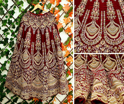 Indian Pre-owned Heavy Wedding Maroon Velvet Hand Embroidered Lehenga/Skirt Designer By Anamika Khanna Bridal Wear