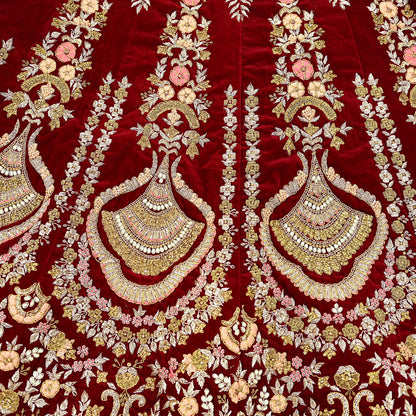 Indian Pre-owned Heavy Wedding Maroon Velvet Hand Embroidered Lehenga/Skirt Designer By Anamika Khanna Bridal Wear