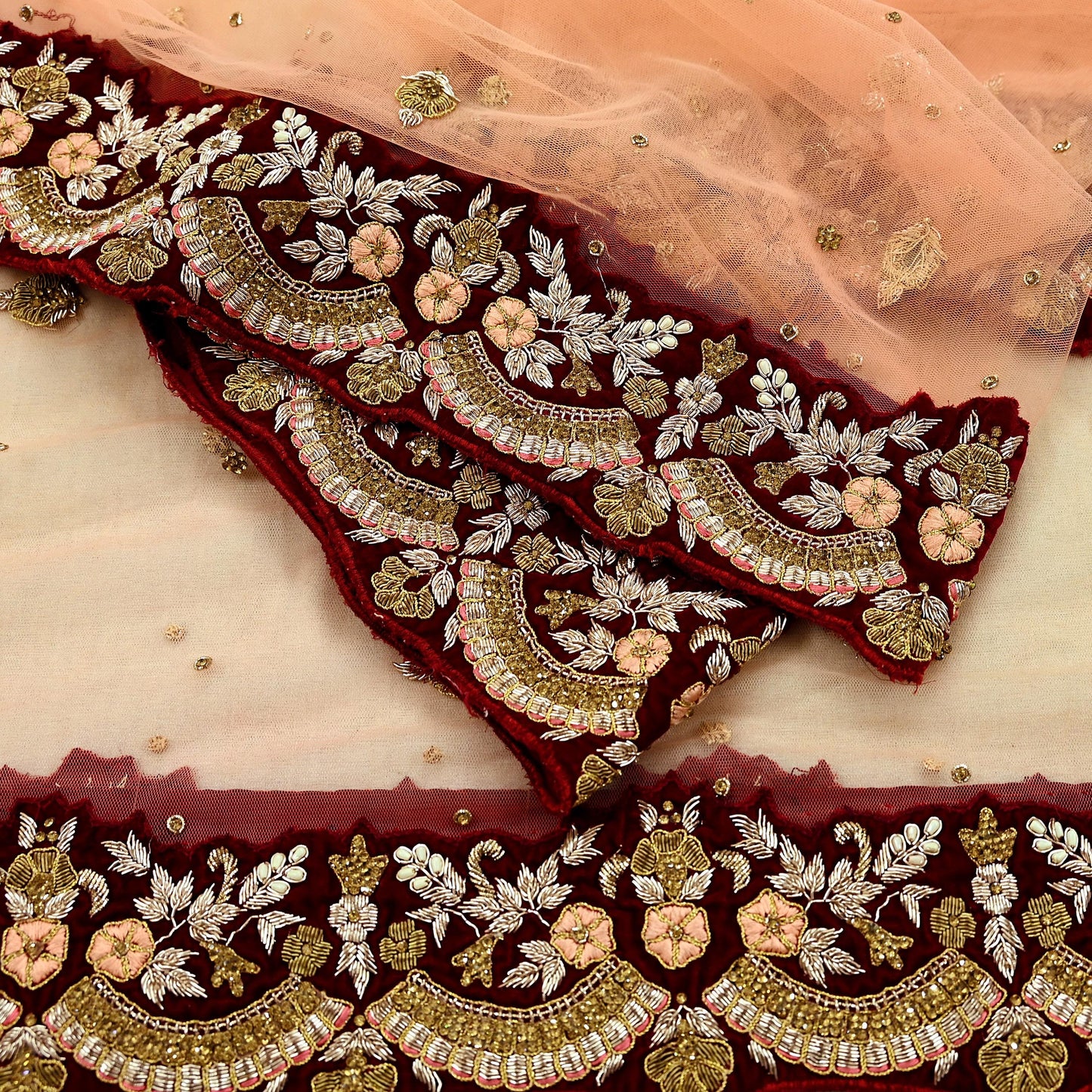 Indian Pre-owned Heavy Wedding Peach Net/Mesh/ Velvet Hand Embroidered Lehenga/Dupatta Designer By Anamika Khanna Bridal Wear