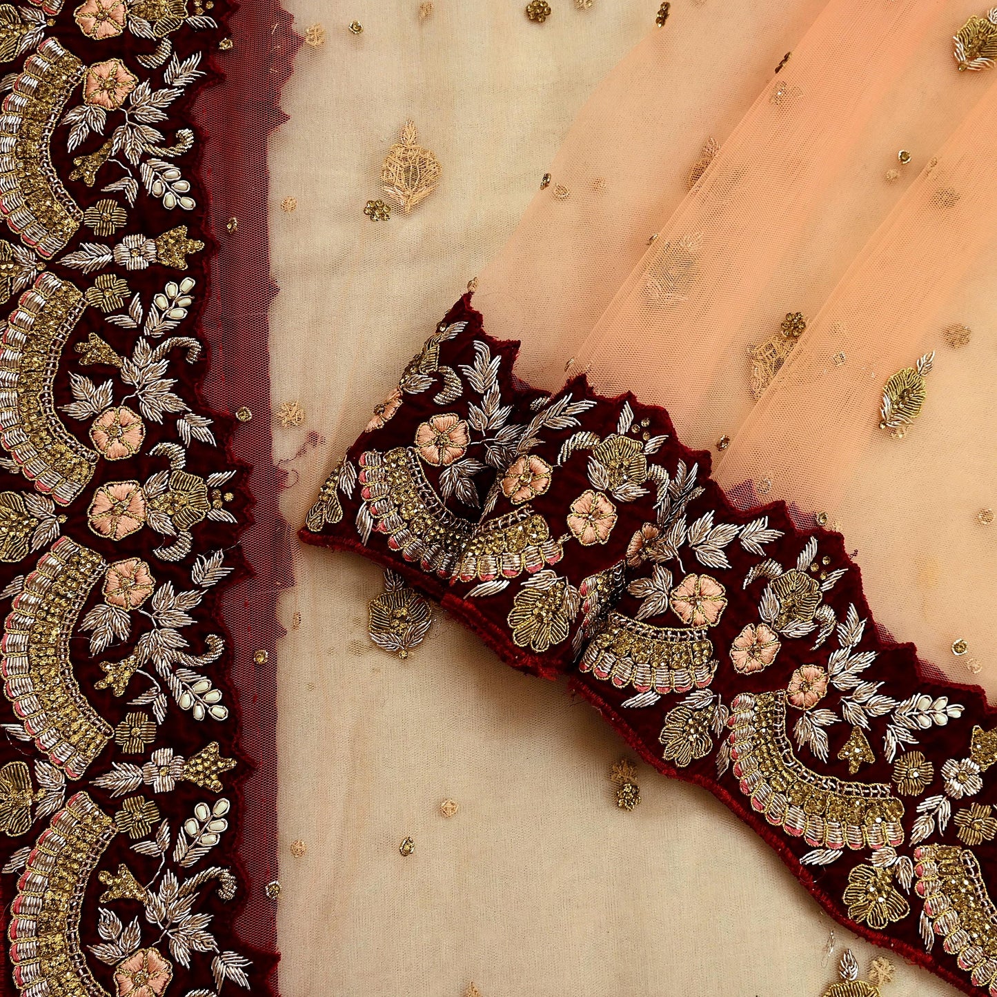 Indian Pre-owned Heavy Wedding Peach Net/Mesh/ Velvet Hand Embroidered Lehenga/Dupatta Designer By Anamika Khanna Bridal Wear