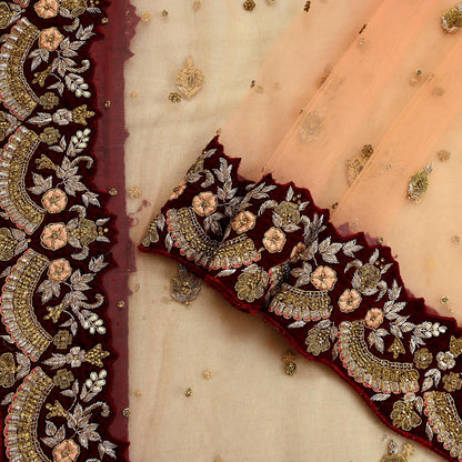 Indian Pre-owned Heavy Wedding Peach Net/Mesh/ Velvet Hand Embroidered Lehenga/Dupatta Designer By Anamika Khanna Bridal Wear