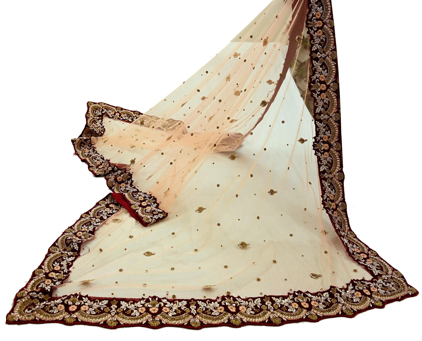 Indian Pre-owned Heavy Wedding Peach Net/Mesh/ Velvet Hand Embroidered Lehenga/Dupatta Designer By Anamika Khanna Bridal Wear