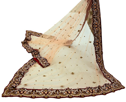 Indian Pre-owned Heavy Wedding Peach Net/Mesh/ Velvet Hand Embroidered Lehenga/Dupatta Designer By Anamika Khanna Bridal Wear