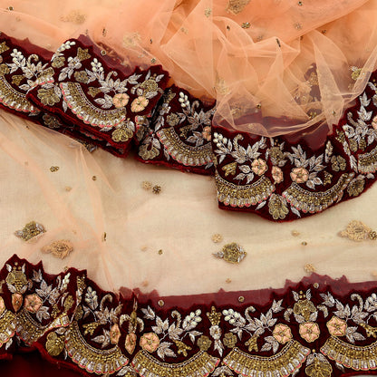 Indian Pre-owned Heavy Wedding Peach Net/Mesh/ Velvet Hand Embroidered Lehenga/Dupatta Designer By Anamika Khanna Bridal Wear