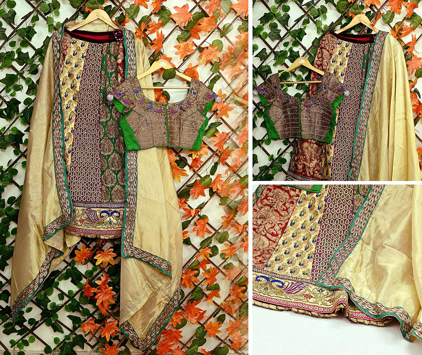 Indian Pre-owned Heavy Wedding Golden & Multi Hand Embroidered Lehenga/Dupatta Designer By Sabyasachi Zardozi Bridal Wear Peacock Design