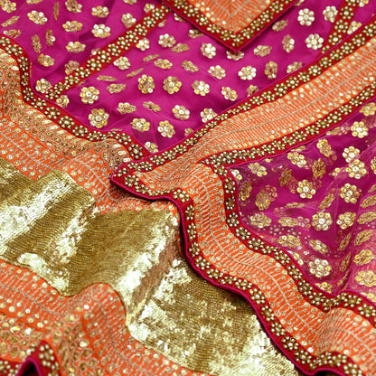 Indian Pre-owned Heavy Wedding Red Net/Mesh Hand Embroidered Lehenga/Dupatta Designer By Sabyasachi Zardozi Bridal Wear
