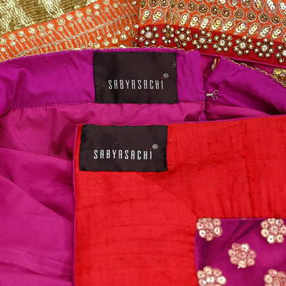Indian Pre-owned Heavy Wedding Red Net/Mesh Hand Embroidered Lehenga/Dupatta Designer By Sabyasachi Zardozi Bridal Wear