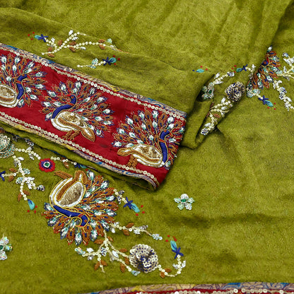Indian Pre-owned Heavy Wedding Dupatta Green Long Stole Hand Embroidered Designer Sabyasachi Scarves Zardozi Bridal Veil Peacock Design