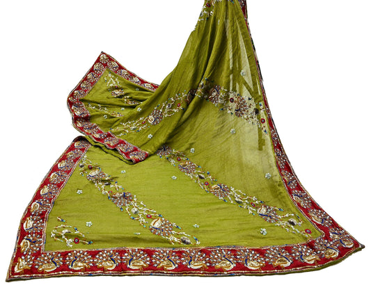 Indian Pre-owned Heavy Wedding Dupatta Green Long Stole Hand Embroidered Designer Sabyasachi Scarves Zardozi Bridal Veil Peacock Design