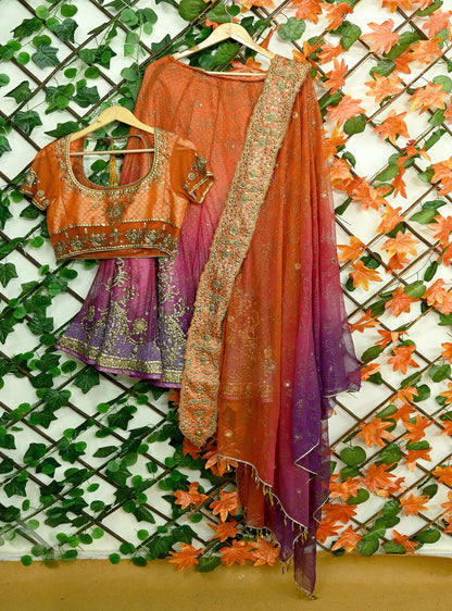 Indian Pre-owned Heavy Wedding Purple & Orange Net/Mesh Hand Embroidered Lehenga/Dupatta/Choli Designer By Tarun Tahiliani Party/Bridal Wear