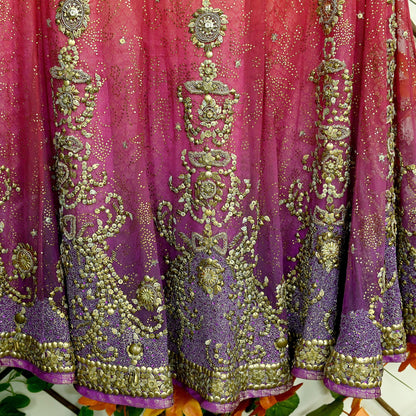 Indian Pre-owned Heavy Wedding Purple & Orange Net/Mesh Hand Embroidered Lehenga/Dupatta/Choli Designer By Tarun Tahiliani Party/Bridal Wear