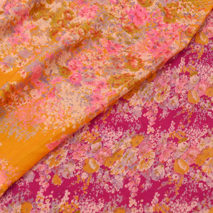 Indian Vintage Sari Saffron & Pink 100% Pure Silk Printed Sarees 5yd Sewing Craft Fabric DressMaking Soft Floral Quilting Crafting Upcycle
