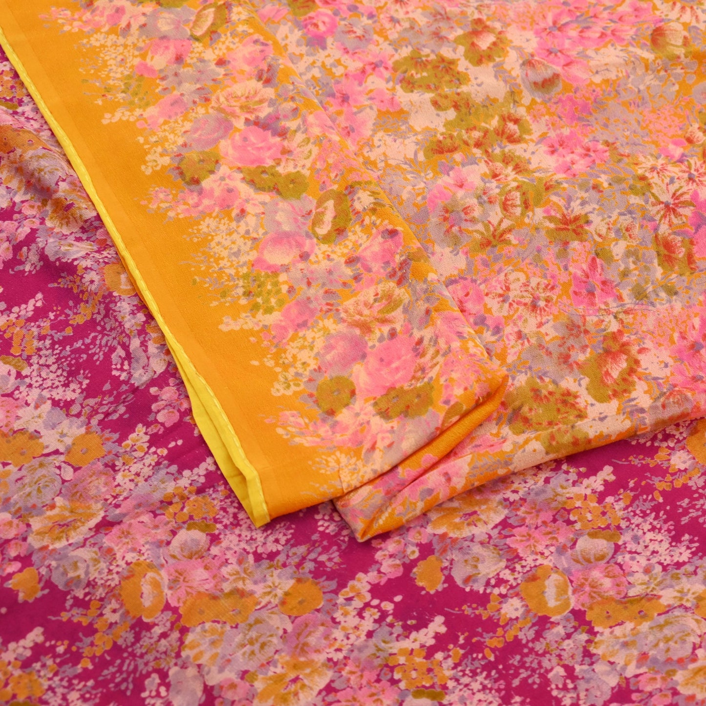 Indian Vintage Sari Saffron & Pink 100% Pure Silk Printed Sarees 5yd Sewing Craft Fabric DressMaking Soft Floral Quilting Crafting Upcycle