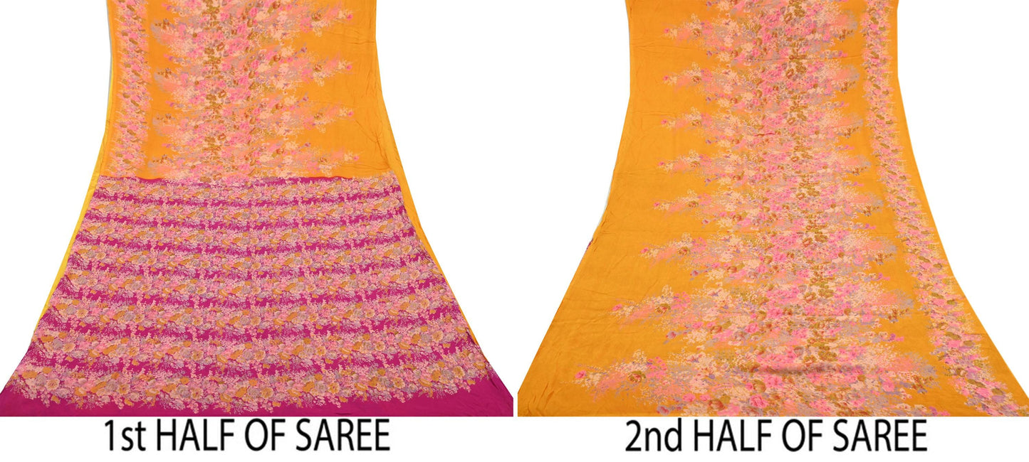 Indian Vintage Sari Saffron & Pink 100% Pure Silk Printed Sarees 5yd Sewing Craft Fabric DressMaking Soft Floral Quilting Crafting Upcycle
