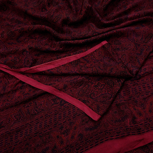Indian Vintage Sari  Black & Maroon 100% Pure Silk Printed Saree 5yd Sewing Craft Fabric DressMaking Soft Quilting Crafting Upcycle Used