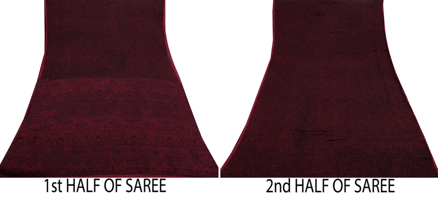 Indian Vintage Sari  Black & Maroon 100% Pure Silk Printed Saree 5yd Sewing Craft Fabric DressMaking Soft Quilting Crafting Upcycle Used