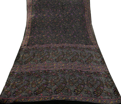 Indian Vintage Sari Black Printed Pure Silk Sarees Craft Fabric 6yd Sewing Floral Soft Dress Designing  for Crafting Quilting Upcycle Wrap