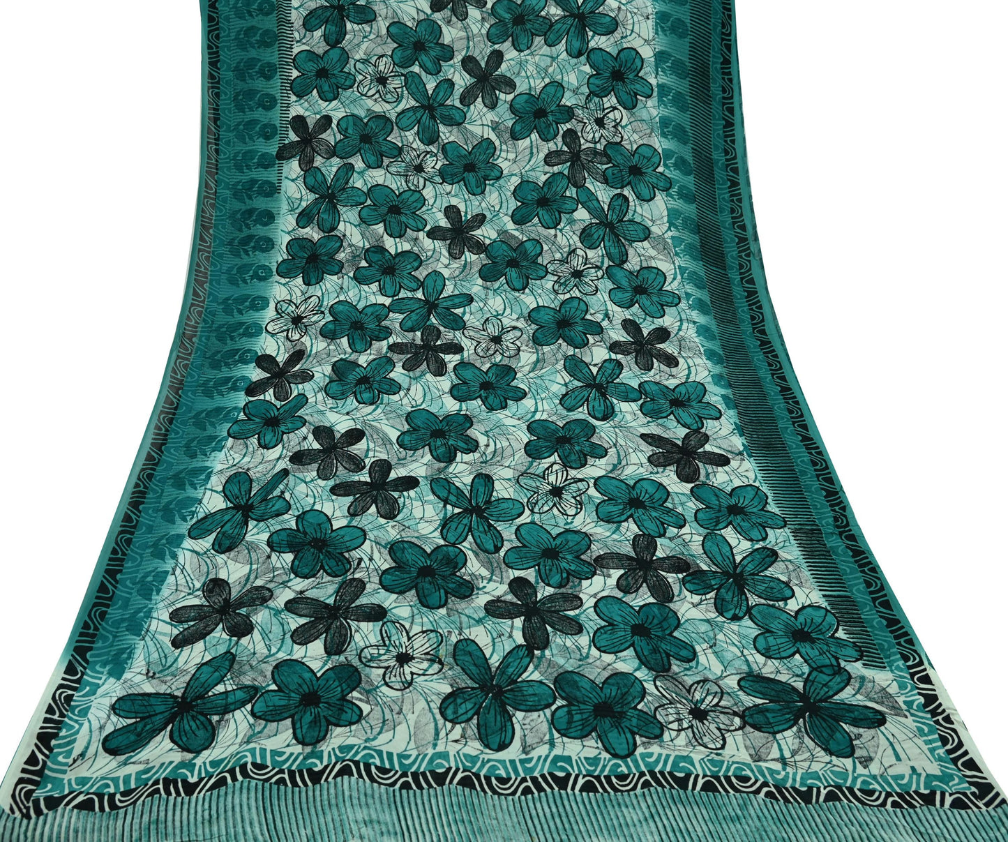 Indian Vintage Sari Green 100% Pure Georgette Silk Hand Block Printed Sarees Sewing 5yd Craft Fabric Soft Dress Designing for Crafting