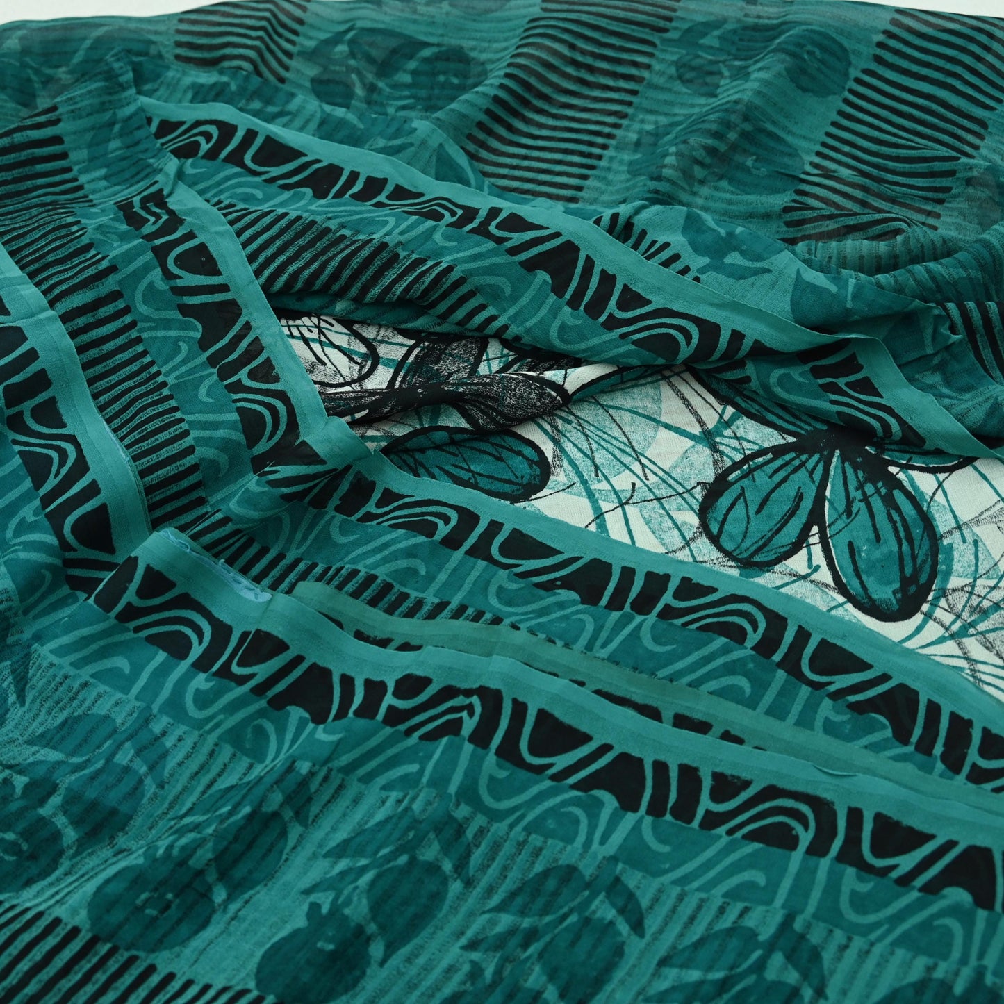 Indian Vintage Sari Green 100% Pure Georgette Silk Hand Block Printed Sarees Sewing 5yd Craft Fabric Soft Dress Designing for Crafting