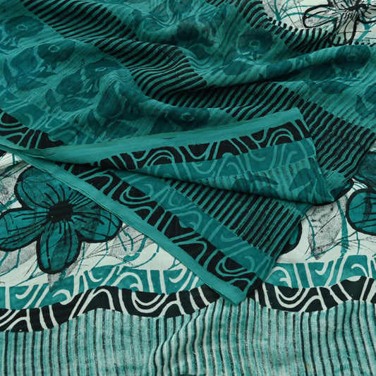 Indian Vintage Sari Green 100% Pure Georgette Silk Hand Block Printed Sarees Sewing 5yd Craft Fabric Soft Dress Designing for Crafting