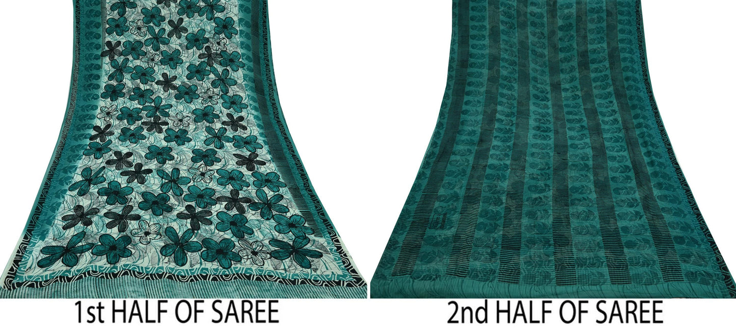Indian Vintage Sari Green 100% Pure Georgette Silk Hand Block Printed Sarees Sewing 5yd Craft Fabric Soft Dress Designing for Crafting