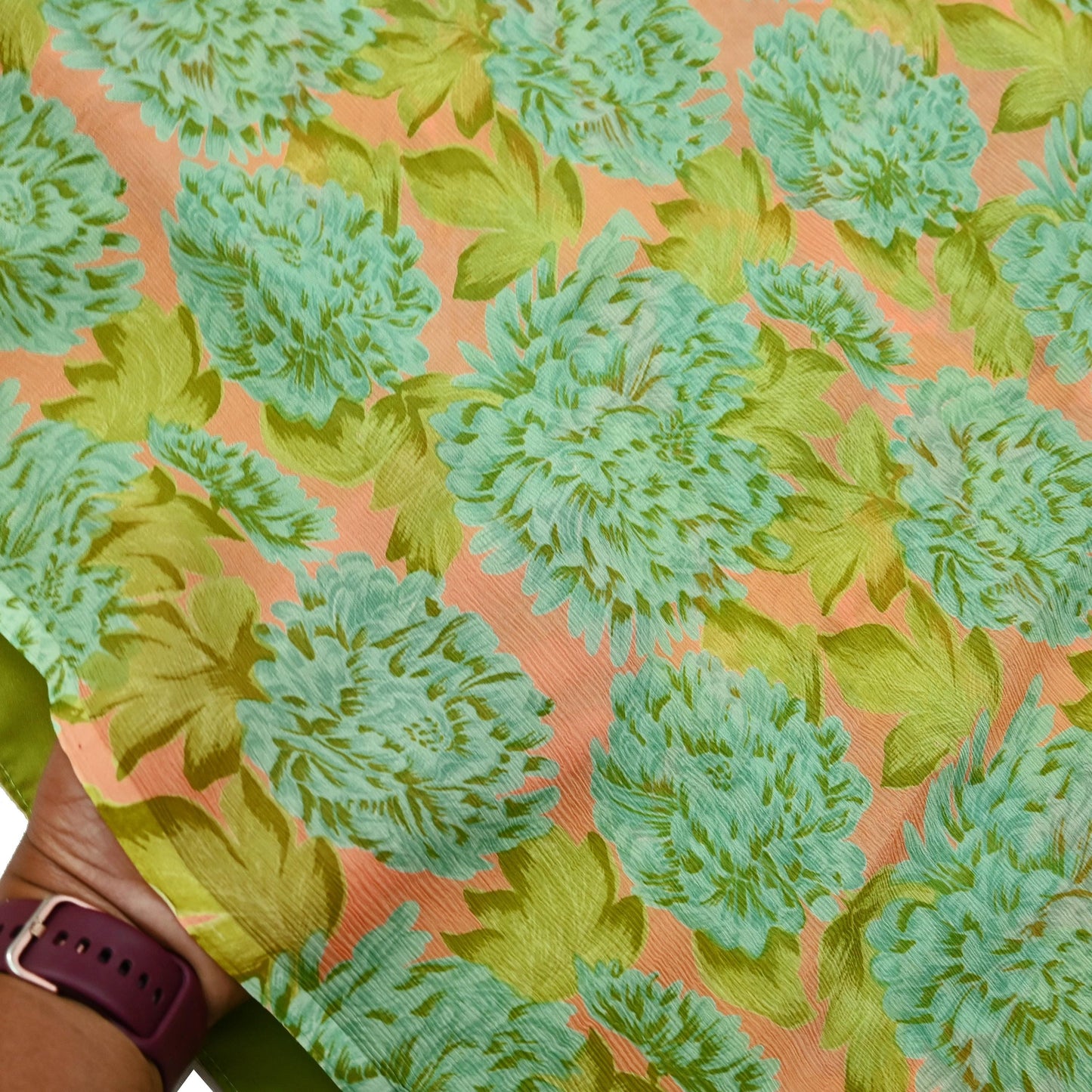 Indian Vintage Sari Orange & Green Pure Chiffon Silk Printed Sarees Craft Fabric Sewing 5Yard Soft Light Sari Dress Making