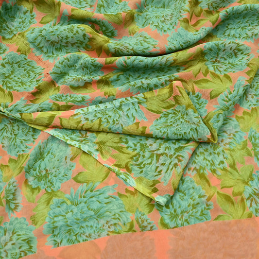 Indian Vintage Sari Orange & Green Pure Chiffon Silk Printed Sarees Craft Fabric Sewing 5Yard Soft Light Sari Dress Making