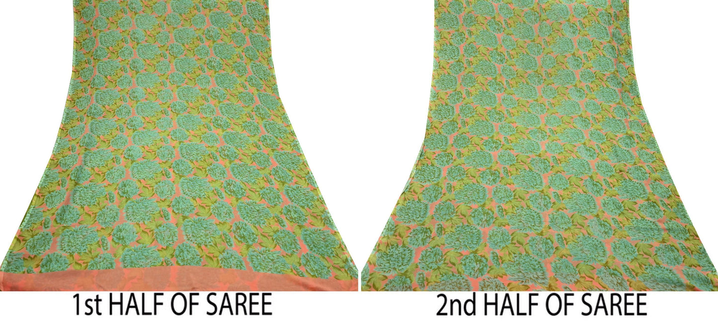 Indian Vintage Sari Orange & Green Pure Chiffon Silk Printed Sarees Craft Fabric Sewing 5Yard Soft Light Sari Dress Making